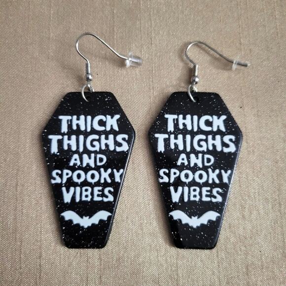 Thick Thighs and Spooky Vibes coffin shaped glitter halloween earrings - Picture 1 of 2